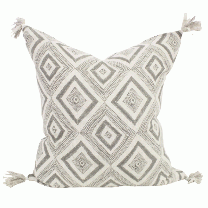 “Lattice Block” pillow, $135, at Eclectic; Walter G. “Flores Indian Teal” pillow and “Swazi Mud” pillow, $120 each, at Celadon