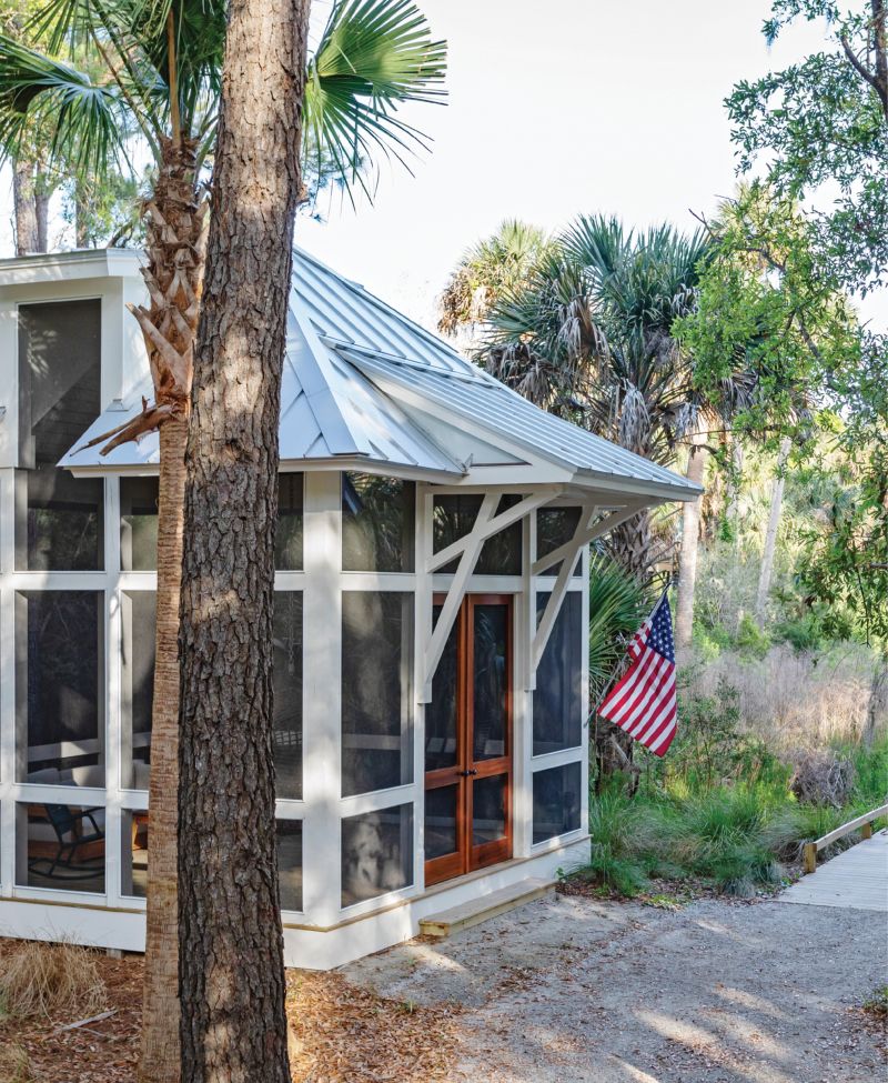This charming screened gatehouse greets visitors to the Beischel home on remote Dewees Island