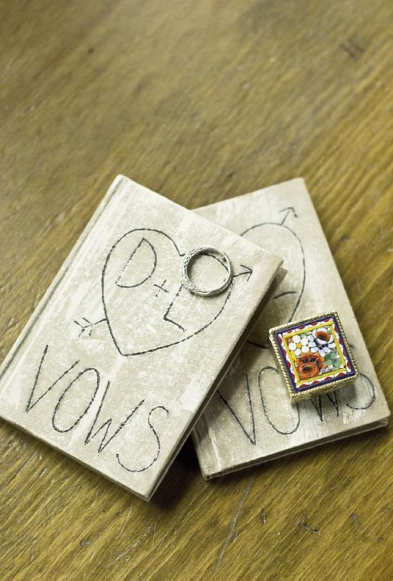 BOOK IT: The couple’s monogrammed, faux-vintage vow books came from the Etsy shop BraggingBags. The mosaic ring box belonged to Lee’s grandmother.