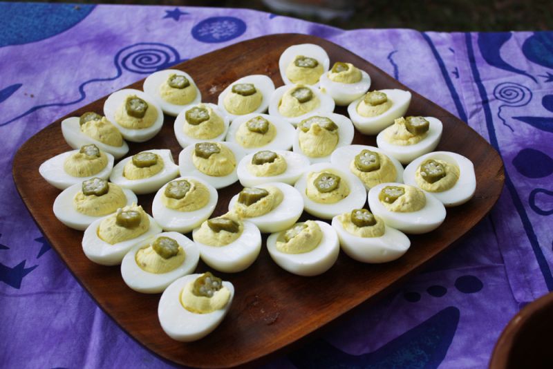 Deviled eggs proved a popular choice among the picnic fare. This batch got topped with okra for bit of Southern flair.