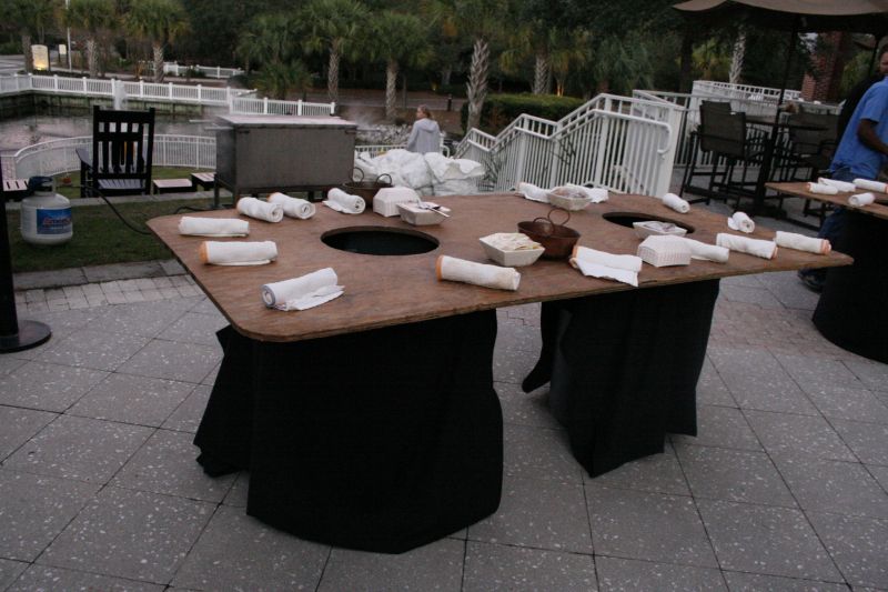Oyster shucking tables were ready for guests as the sun set.