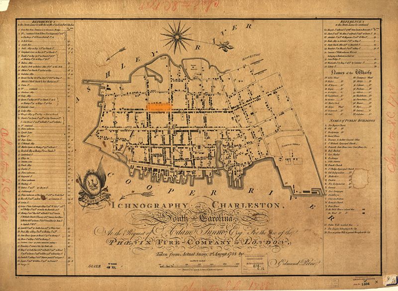 A map of downtown highlighting an 18th-century orange grove that served as a concert venue, known today as Orange Street.
