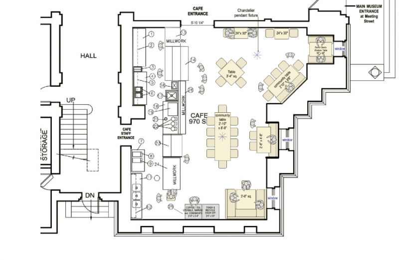 The first-floor plans for the cafe; Meeting Street is to the right. Down the hall will be artist studios in accordance with the museum’s early life as the Carolina Art Association.