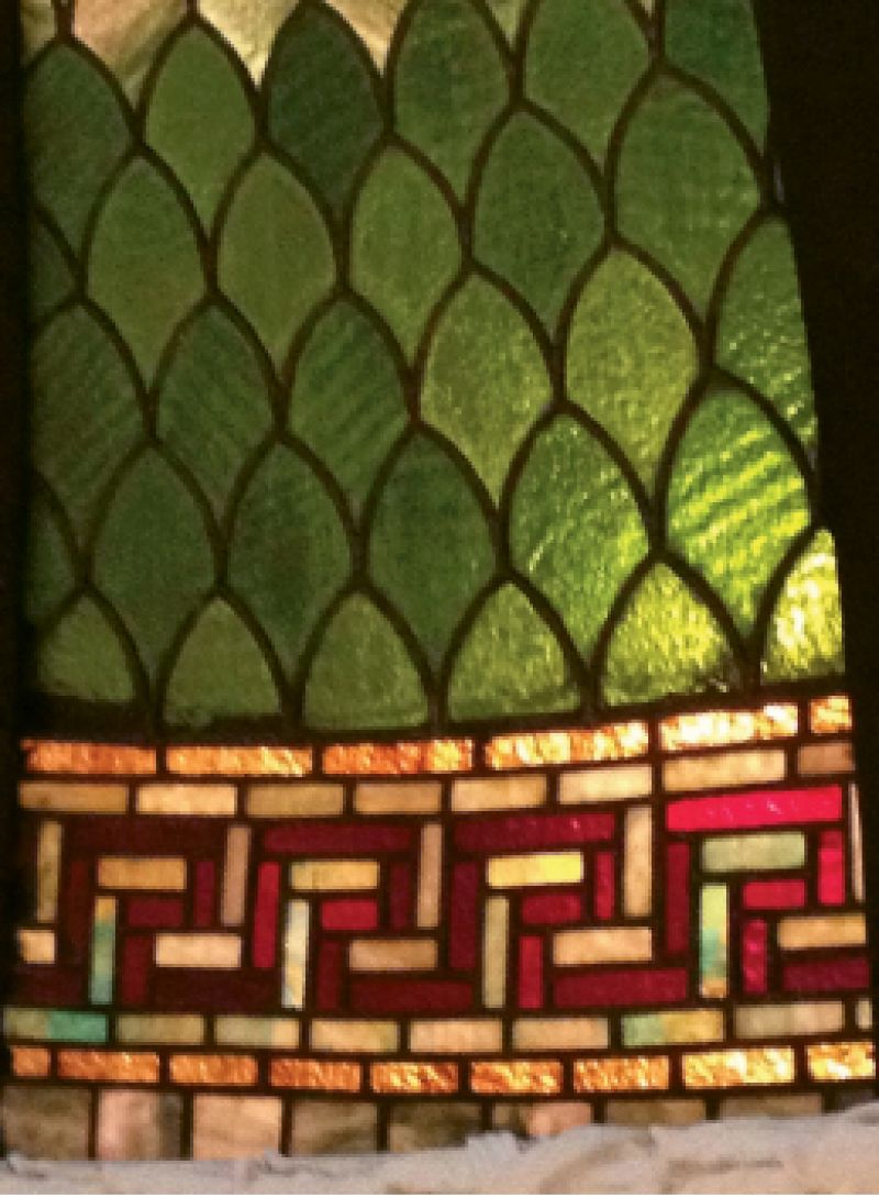 Detail of the glass; of it Daly wrote in his blog: “To create the dome, each piece of stained glass was hand cut in the studio. Then, they were assembled into leaded glass panels resting on a large table and soldered into place. At that point, the panels were shipped to the museum.”