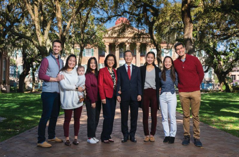 The Hsu Crew: The family has grown alongside CofC’s applicant pool, with the Hsus welcoming two grandchildren in the last three years. (Left to right) Daniel Crawford, Carol Hsu, Kaiden Hsu Crawford, Emma Hsu, First Lady Rongrong Chen, Andrew Hsu, Jenny Hsu, Kristie Hsu, and Victor Contreras