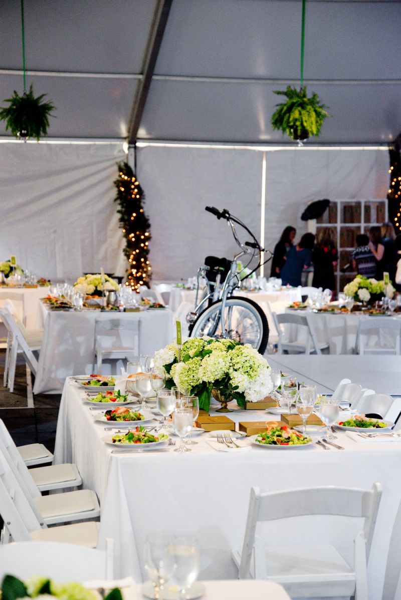 The tables were brightly set with bouquets of hydrangeas in shades of green-- perfect for a St. Patrick&#039;s Day event.