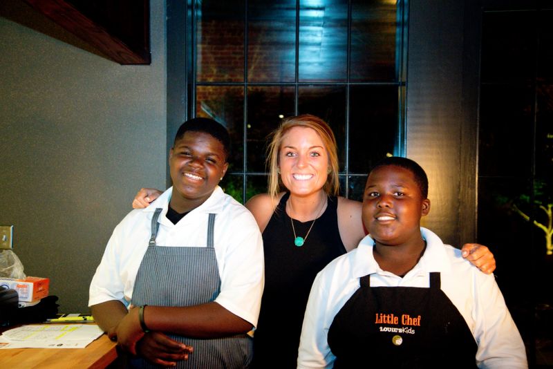 Little chefs James Wilson and Sean Halls with Kelly Thompson
