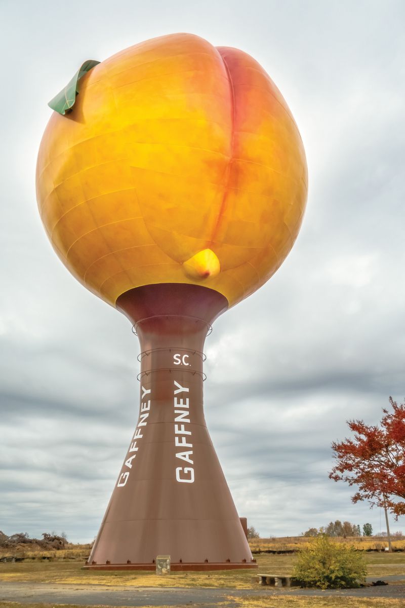 Gaffney’s Peachoid  Made famous by its star turn in the Netflix series House of Cards, this 135-foot-tall water tower along Interstate 85 in the Upstate was built in 1981 as a paean to the region’s peach farming community. Today, the area celebrates its peach bounty with a festival each July. For details, visit southcarolinapeachfest.com.