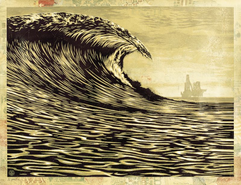 This New Wave Is A Little Slick For My Taste by Shepard Fairey, 2014, hand-painted  multiple: silk screen and mixed-media collage on paper, 37 x 49 inches, Edition of 10