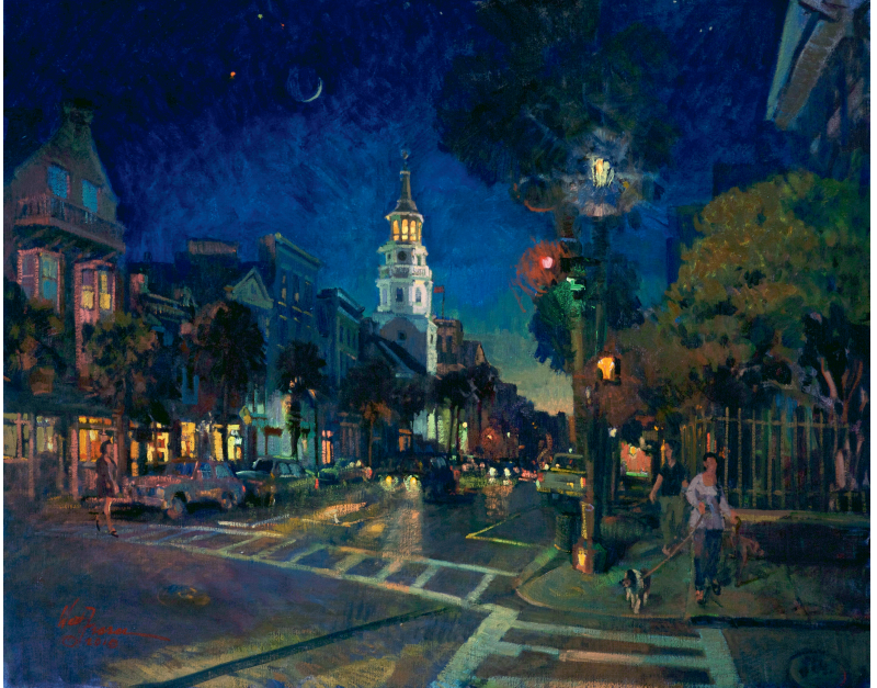 Venus, Saturn, Mars, and  the Crescent Moon (Charleston, South Carolina; oil; 24 × 30 inches; 2010; private collection)