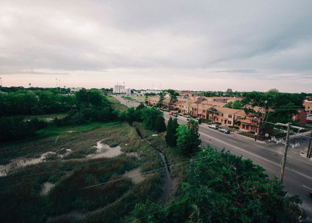 Aerial shots of the Gadsden Green community adjacent to Gasden Creek.