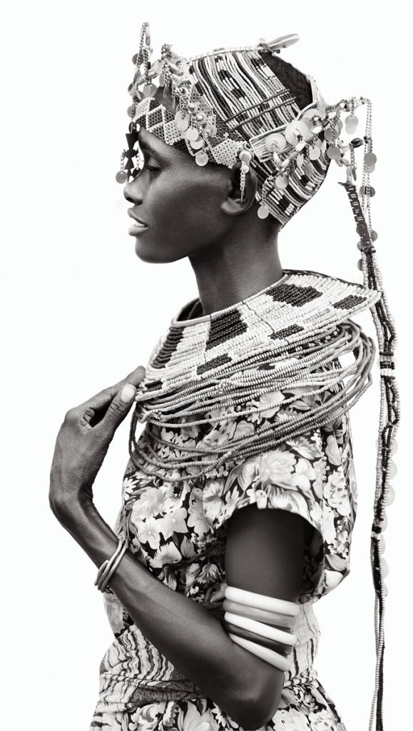 <em><strong>Tribal Tribute: </strong>Doggett lived among the people of the Rendille tribe in Kenya’s Chalbi Desert for a week. Tiye in traditional layers of beaded jewelry that convey information to fellow tribe members.</em>