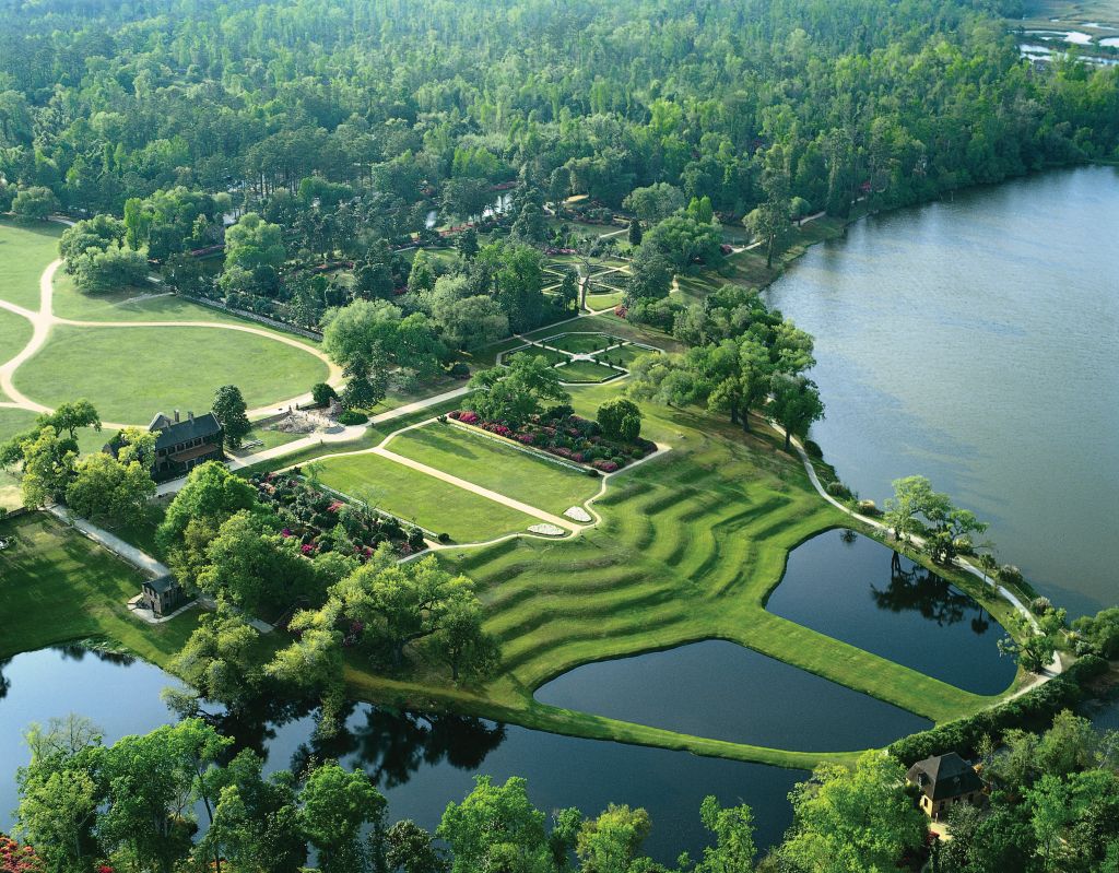 An aerial view of Middleton Place shows the parterre, sculpted terraces, and Butterfly Lakes.