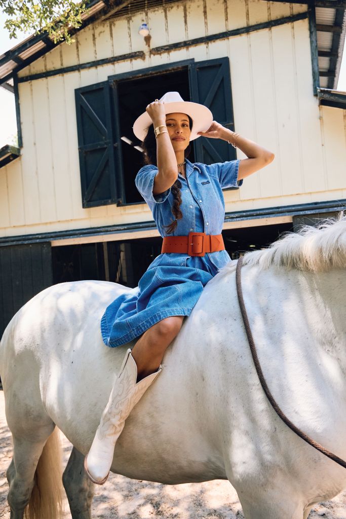 <b>Giddy Up:</b> Marni coated-denim, balloon dress, $1,250, and shortsleeve shirt, $675, both at Showroom Kiawah; Southern Ruetz “Crickey!” hat, $725 at Southern Ruetz; Kallmeyer cotton-covered belt, $275 at RTW; Freebird “Woodland” boots, $275; Lionette “Davlyn” crystal collar necklace, $225 at Havens; Dean Davidson “Nomad Midi” tigereye necklace, $195 at Well Furnished; Teal Heron “Toogoodoo” cuff, $195 at <a href="https://tealheron.com/">tealheron.com</a>; AL&amp;EM open gold-plate cuffs, $175 each at <a href="https://xoalem.com/">xoalem.com</a>