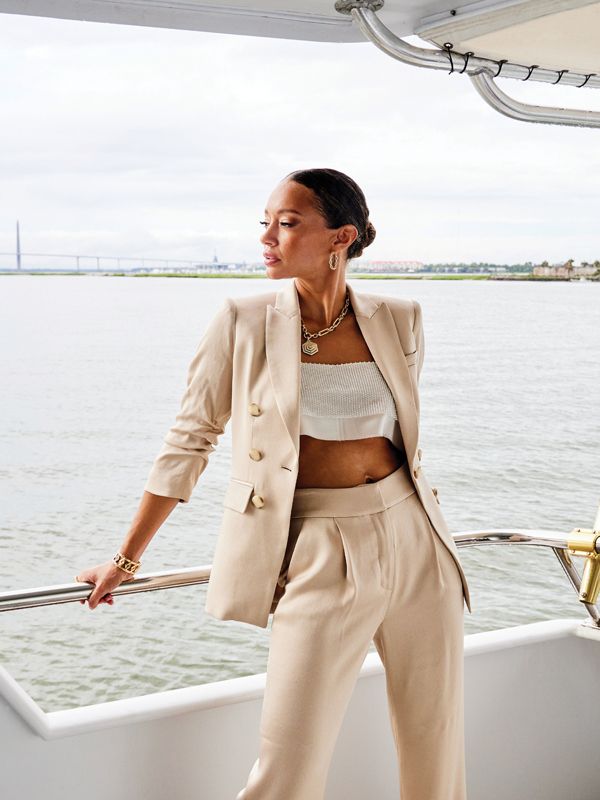 <b>Neutral Territory: </b>Veronica Beard “Tomi Satin Dickey Jacket” in “Sand,” $698, and “Robinne” pants in “Sand,” $448, both at Veronica Beard; Nonchalant Label “Capri Crop” top in “Champagne,” $214 at Souchi; David Yurman “Stax”18K-gold and diamond hoop earrings, $7,600, “Lexington” 18K-gold chain necklace, $11,700, “Carlyle” 18K-gold pendant with pavé diamonds, $22,000, and “Carlyle” 18K-gold bracelet, $14,500, all at Reeds.