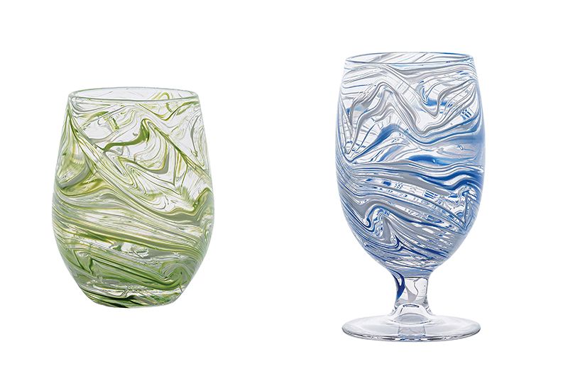 <i>The “Puro” marbled stemless wine glass and goblet.</i>