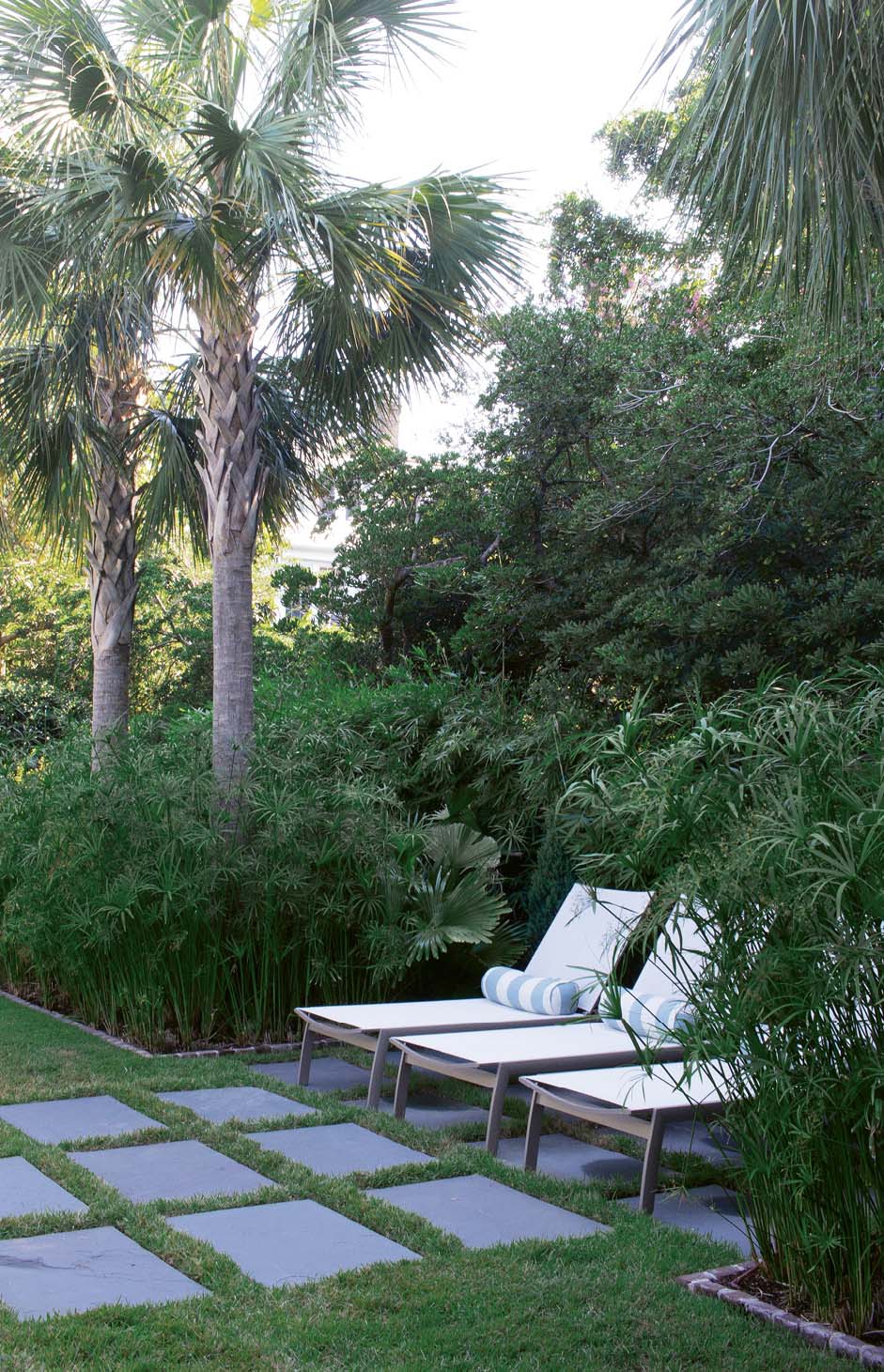 Secret Retreat: Lawn chairs tuck into a nook enveloped by papyrus and Chinese fan palms.