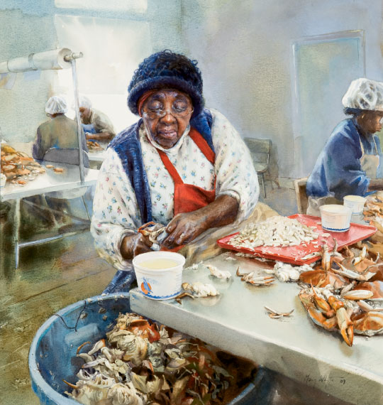 Whyte paid her subjects for their time but allowed no primping. She wanted to capture the reality of their labor, as she does in Disciple, where Miss Thelma, a crab picker in Hacks Neck, Virginia, swiftly picks and sorts the meat from a day’s catch (watercolor on paper, 21 3/4 by 19 1/4 inches, 2009).